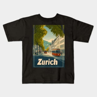 This vibrant travel poster showcases Zurichs classic architecture and picturesque streets, featuring red trams weaving through a lively Kids T-Shirt